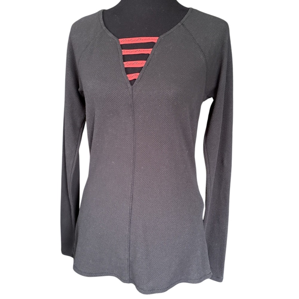 Harley-Davidson Black Waffle Knit Long Sleeve Top, Medium, Biker Bikelife Grunge
